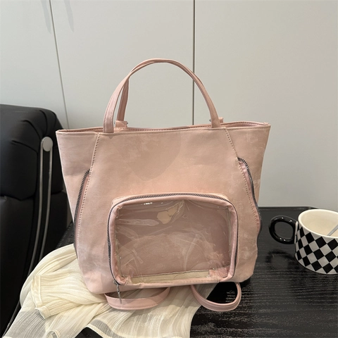 Japanese Style Cute Ita Bag For Women Clear Window PU Leather Large Capacity Tote Bag Shoulder Crossbody Handbag For Daily Use