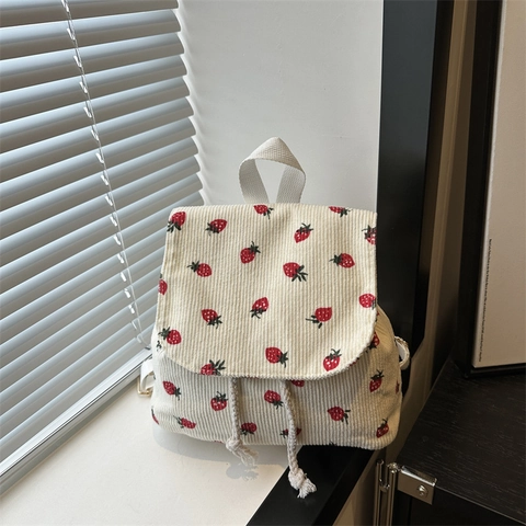 Women Mini Backpack Corduroy Strawberry Print Cute Small School Bag For Girls Drawstring Flap Casual Daypack Fashion Travel Bag