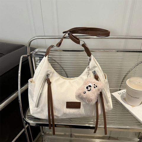 Koreaanse Stijl Minimalistische Nylon Schoudertas Voor Dames Grote Capaciteit Tote Bag Met Bruine Banden En Hanger