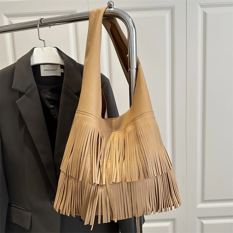 Dames Franje Schoudertas Lychee Patroon PU Leer Tote Hobo Met Binnentas Boheemse Mode Grote Capaciteit Tas