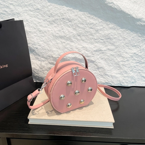 Borsa a Tracolla Rotonda alla Moda con Rivetti Donna Piccola in Pelle PU Manico Superiore Tracolla Regolabile Piccola Borsa Circolare