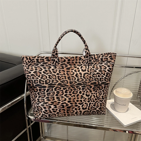 Borsa Tote Vintage da Donna con Stampa Leopardata Grande Capacità Borsa a Tracolla in Tela Casual Moda