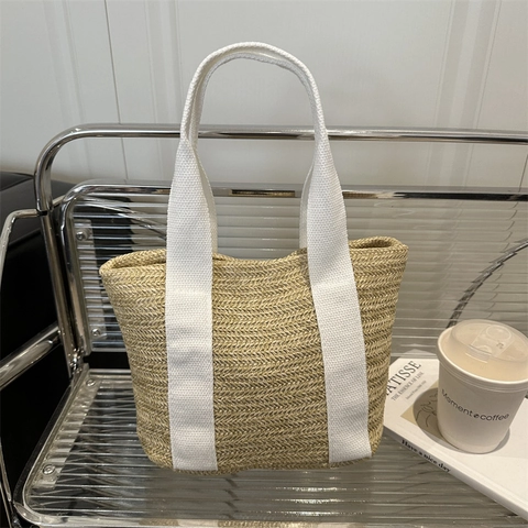 Borsa Tote in Paglia Intrecciata da Donna Con Manico in Tela a Contrasto Borsa a Tracolla Retrò Intrecciata a Mano per Spiaggia Picnic Grande Capacità per Vacanze Estive