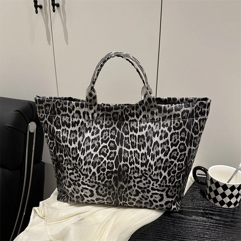 Borsa Tote Vintage da Donna con Stampa Leopardata Grande Capacità Borsa a Tracolla in Tela Casual Moda
