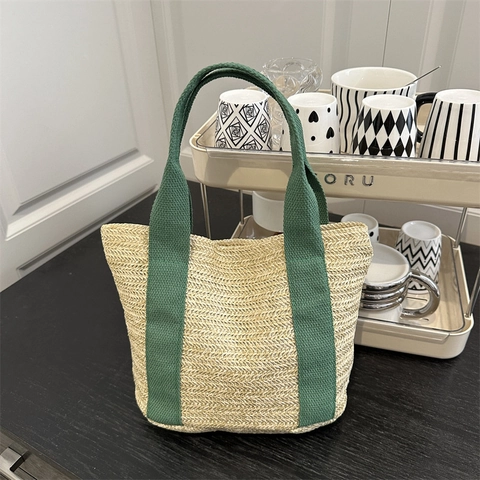 Borsa Tote in Paglia Intrecciata da Donna Con Manico in Tela a Contrasto Borsa a Tracolla Retrò Intrecciata a Mano per Spiaggia Picnic Grande Capacità per Vacanze Estive