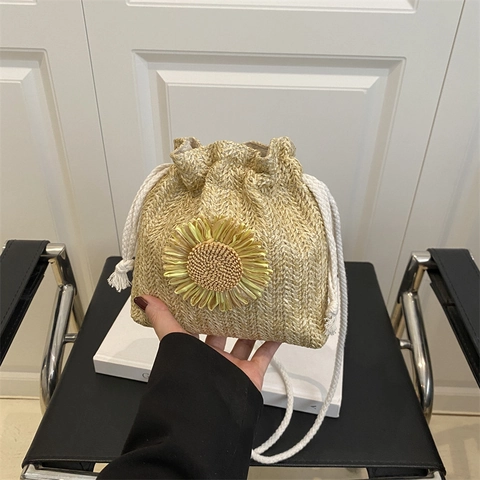 Women Woven Straw Bucket Crossbody Bag Sunflower Decoration Handmade Summer Beach Vacation Drawstring Shoulder Bag Small Forest Style