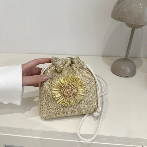 Women Woven Straw Bucket Crossbody Bag Sunflower Decoration Handmade Summer Beach Vacation Drawstring Shoulder Bag Small Forest Style