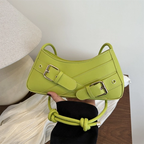 Damen Retro Achseltasche PU-Leder Minimalistische Schultertasche Metallschnalle Knotenriemen Straßen-Trend Einfarbige Stilvolle Handtasche