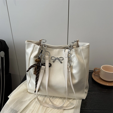 French Style Women PU Leather Tote Bag With Bowknot Silver Chain Strap Metallic Crinkle Underarm Shoulder Bag For Daily Use