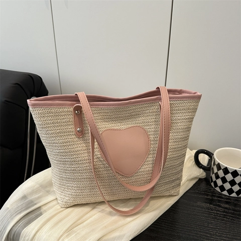 Koreanischer Stil Herz-Patch Stroh-Web-Tote-Bag Große Kapazität Sommer Strand Urlaub Schultertasche Einkaufskorb Für Damen