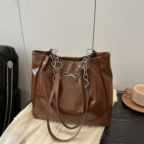 Women Large Capacity PU Leather Tote Bag With Bowknot Decor Chain Shoulder Strap Vintage Fashion Casual Commuting Handbag
