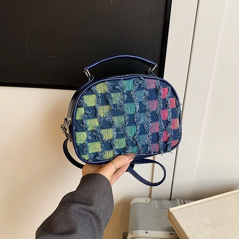 Fashionable Women Distressed Checkerboard Crossbody Bag Frayed Denim PU Leather Splicing Handbag Small Square Shoulder Bag