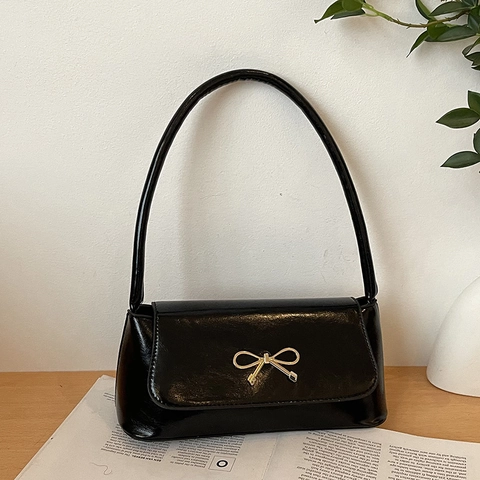 Fashion Bow Underarm Bag For Women Elegant Solid Color PU Leather Shoulder Bag Casual Baguette Bag Spring Street Style
