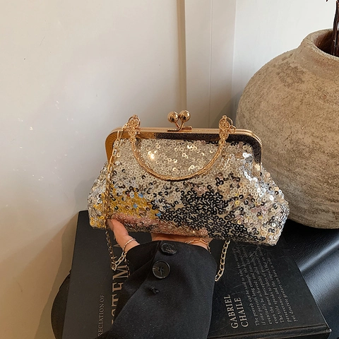 Borsa da Sera Vintage con Paillettes per Donna Manico in Metallo Retro Chiusura a Scatto Pochette Festa Matrimonio Catena