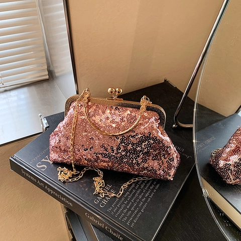 Vintage Pailletten Abendtasche Für Damen Retro Metallgriff Kussverschluss Party Hochzeit Handtasche Mit Abnehmbarer Kette