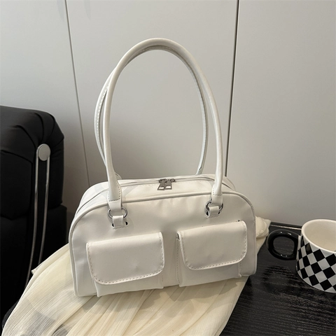 Bolso de Axila de Cuero PU para Mujer con Bolsillos Delanteros Color Sólido Bolso de Hombro para Viaje Diario de Moda