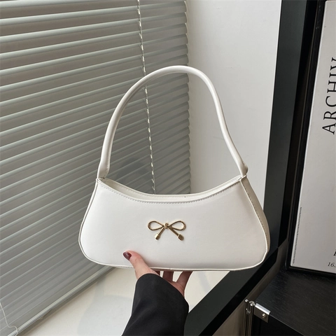 Bolso de Axila Simple de Cuero PU para Mujer Lazo Dorado Elegante Bolso de Hombro Baguette de Color Sólido para Fiesta Regalo