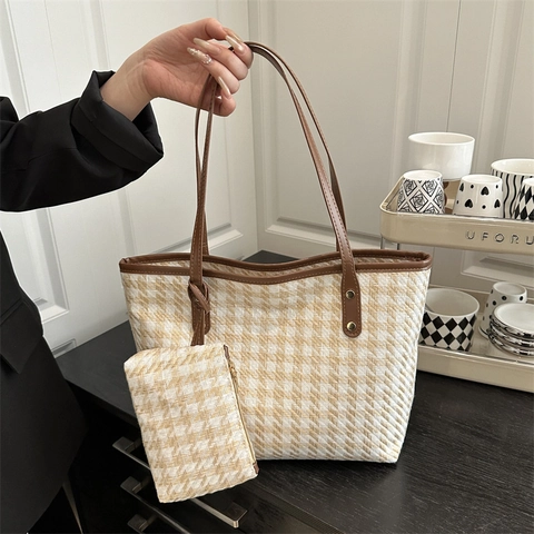 Damen Hahnentritt Tragetasche Mit Passender Kleiner Tasche Vintage Große Kapazität Gewebte Umhängetasche Kunstleder Griff Tasche