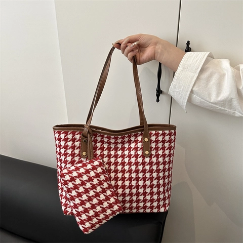Damen Hahnentritt Tragetasche Mit Passender Kleiner Tasche Vintage Große Kapazität Gewebte Umhängetasche Kunstleder Griff Tasche