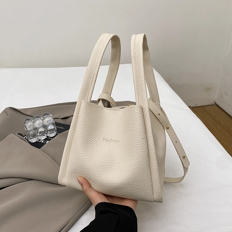 Borsa a Secchiello Donna Moda Lettera Goffrata Texture Litchi Pelle PU Borsa Tote Grande Capacità Borsa a Tracolla
