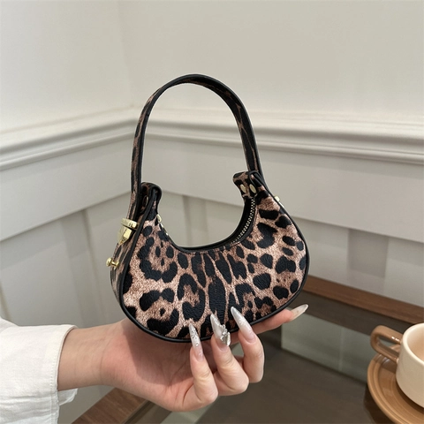 Bolso de Axila de Medialuna Mini de Cuero PU con Estampado de Leopardo para Mujer Vintage Color Sólido Pequeño Hobo Cremallera Oro