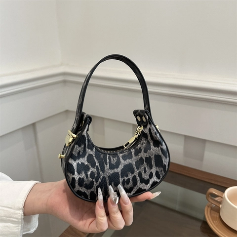 Bolso de Axila de Medialuna Mini de Cuero PU con Estampado de Leopardo para Mujer Vintage Color Sólido Pequeño Hobo Cremallera Oro