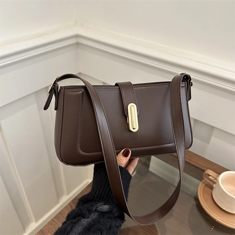 Women PU Leather Underarm Shoulder Bag Vintage Minimalist Small Square Bag With Gold Metal Lock Stitching Daily Purse
