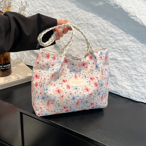 Women Korean Style Fashion Tote Bag Large Capacity PU Fabric Patterned Shoulder Bag Woven Handles Daily Casual Handbag Bag