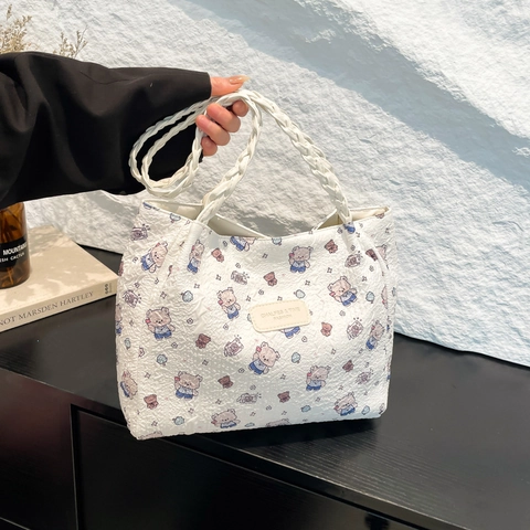 Women Korean Style Fashion Tote Bag Large Capacity PU Fabric Patterned Shoulder Bag Woven Handles Daily Casual Handbag Bag