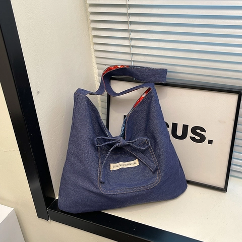Damen Ethno Patchwork Denim Tote Bag Große Kapazität Lässig Schultertasche Mit Kordelzug Schleife Vintage Handtasche