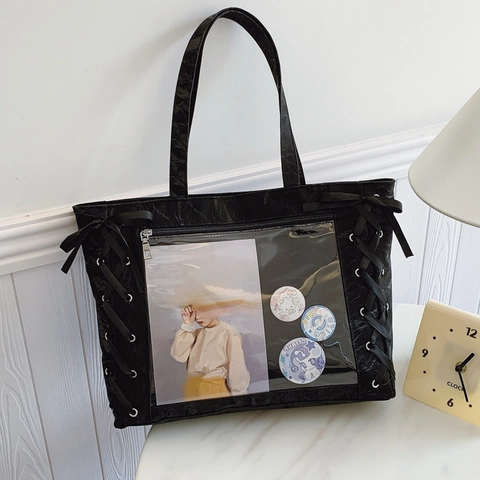 Large Capacity Pleated Ita Bag For Women Sweet Bow Ribbon Decor Transparent Window Tote Bag Casual Shoulder Bag