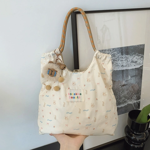 Süße Canvas-Einkaufstasche Damen Große Kapazität Handtasche Gewebter Seilgriff Blumendruck Bär Hase Casual Schultertasche