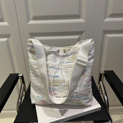 Quilted Embroidery Bucket Bag Drawstring Tote Wide Strap Colorful Zigzag Women Casual Commuter Shoulder Underarm Bag