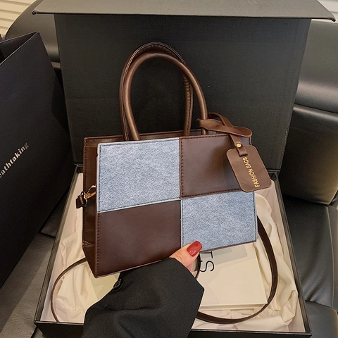 Bolso de Mano de Moda para Mujer Empalme Tablero de Ajedrez Color Contraste Cuero PU Cuadrado Hombro Bandolera Bolso Tote