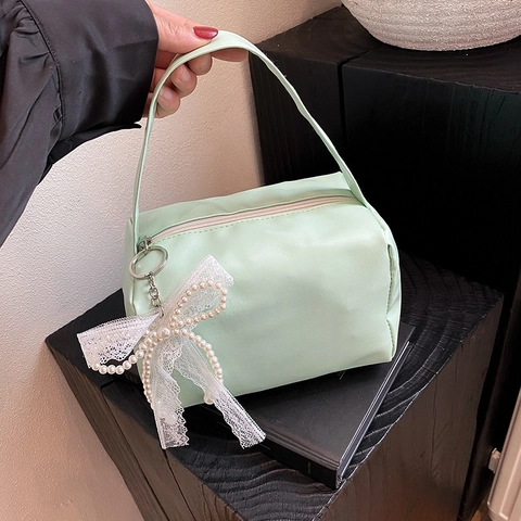 Bolso de Mano de Cuero PU para Mujer Bolso Cuadrado Pequeño Con Colgante de Lazo de Perlas Forma de Almohada Uso Diario