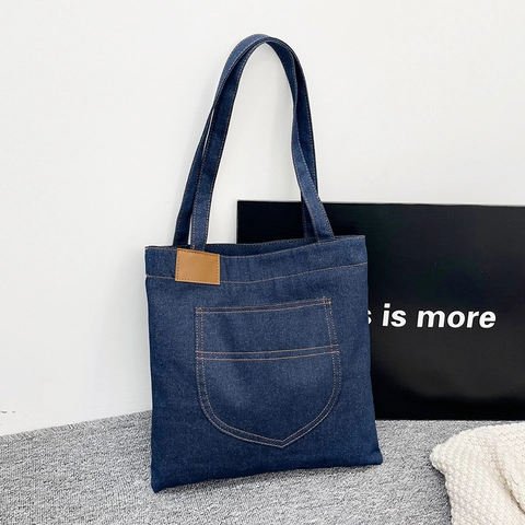 Dames Denim Tote Bag Grote Capaciteit Minimalistisch Casual Schoudertas Contraststiksel Mode Patch Tas Voor School Werk