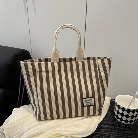 Sac Cabas en Toile Rayée pour Femmes Grande Capacité Sac à Épaule pour Étudiants Trajet Travail Style Camping Décontracté