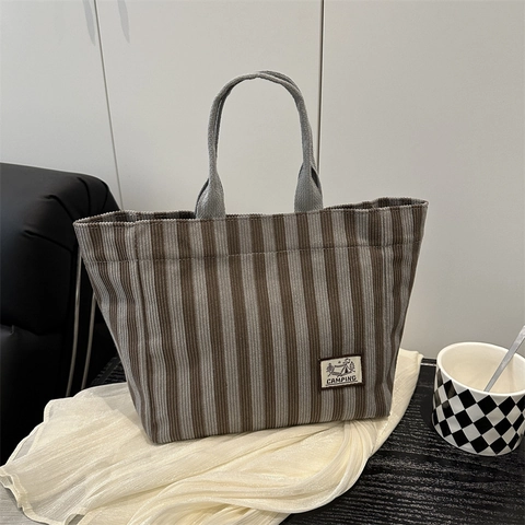 Sac Cabas en Toile Rayée pour Femmes Grande Capacité Sac à Épaule pour Étudiants Trajet Travail Style Camping Décontracté