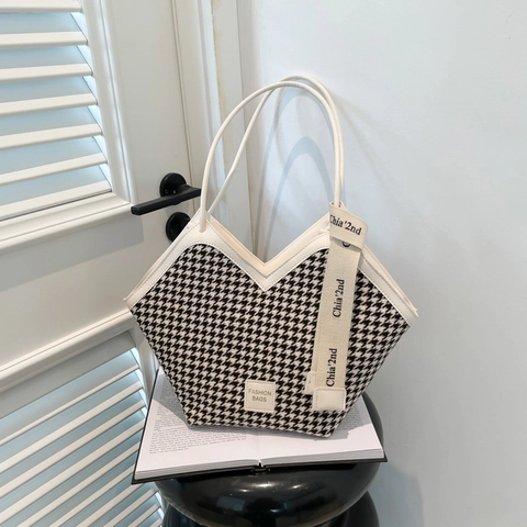 Mode Damen Hahnentritt Tote Tasche V-Ausschnitt Umhängetasche Mit PU Lederbesatz Und Dekorativem Buchstabengurt