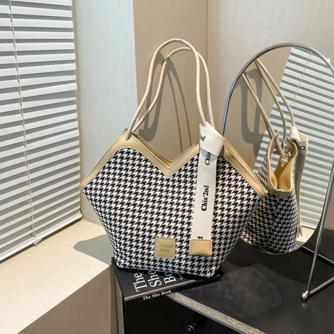 Mode Damen Hahnentritt Tote Tasche V-Ausschnitt Umhängetasche Mit PU Lederbesatz Und Dekorativem Buchstabengurt
