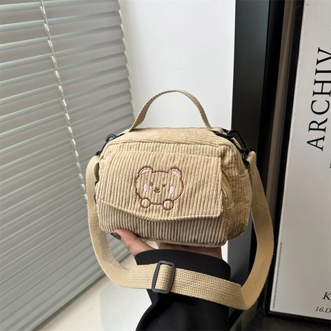 Women Corduroy Crossbody Bag Bear Embroidery Preppy Style Small Square Handbag Retro Messenger Shoulder Bag Satchel