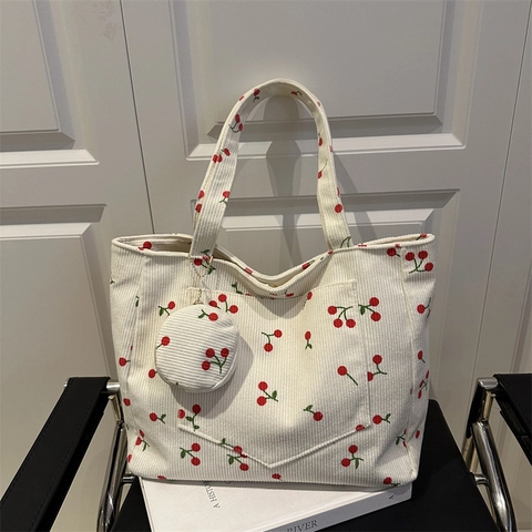 Borsa Tote in Velluto a Coste con Stampa Ciliegie di Grande Capacità da Donna Borsa a Tracolla Carina con Mini Pochette Borsa casual per la Scuola