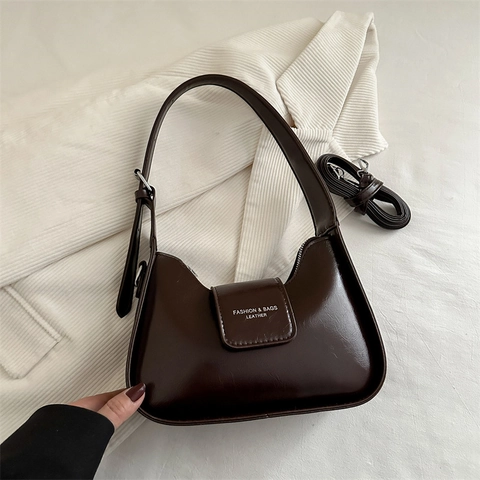 Bolso de Axila de Cuero PU Brillante Minimalista para Mujer Bolso de Hombro con Estampado de Letras de Moda con Correa Ajustable