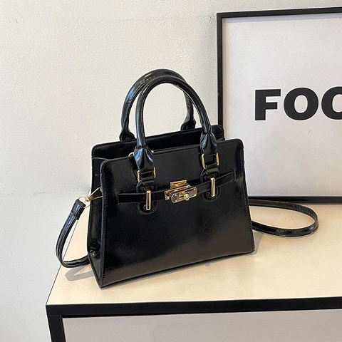 Bolso de Mano de Moda para Mujer en Cuero PU Brillante Elegante Bolso Bandolera con Cierre de Giro Color Sólido Bolso de Hombro