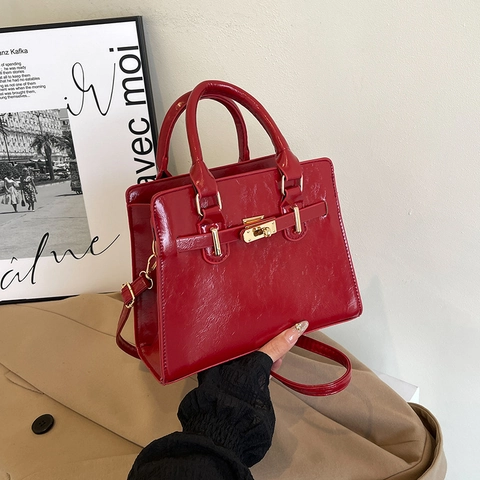Bolso de Mano de Moda para Mujer en Cuero PU Brillante Elegante Bolso Bandolera con Cierre de Giro Color Sólido Bolso de Hombro