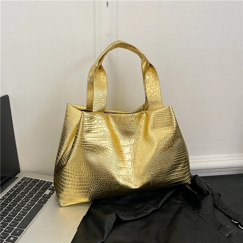 Bolso Tote de Moda para Mujer con Patrón de Cocodrilo Cuero PU Brillante Metálico Bolso de Gran Capacidad con Cierre Magnético para la Oficina Diaria
