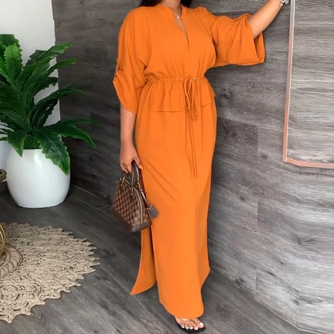 Elegant V Neck Lace Up Maxi Dress For Women Solid Color Batwing Sleeve High Waist Side Slit Casual Commuter Polyester Dress