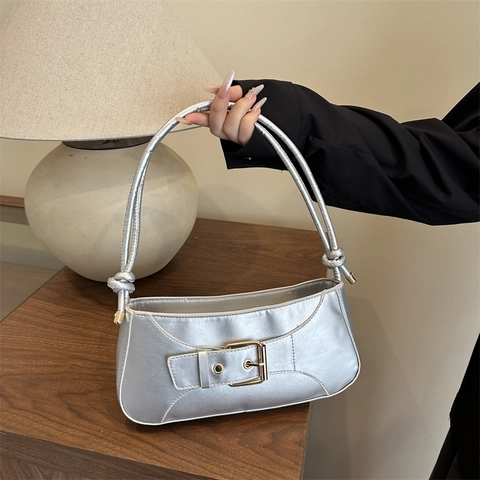 Damen Vintage Unterarmtasche PU Leder Kleine Quadratische Tasche Mit Gürtelschnalle Knoten Schultergurt Minimalistische Tasche