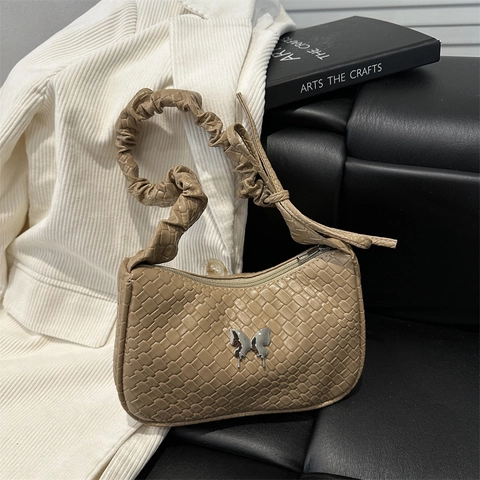 Women Woven PU Leather Underarm Bag Vintage Butterfly Buckle Pleated Strap Shoulder Bag Small Hobo Baguette Bag Solid Color