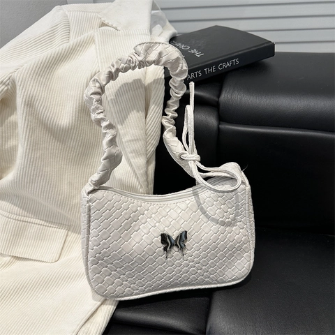 Women Woven PU Leather Underarm Bag Vintage Butterfly Buckle Pleated Strap Shoulder Bag Small Hobo Baguette Bag Solid Color